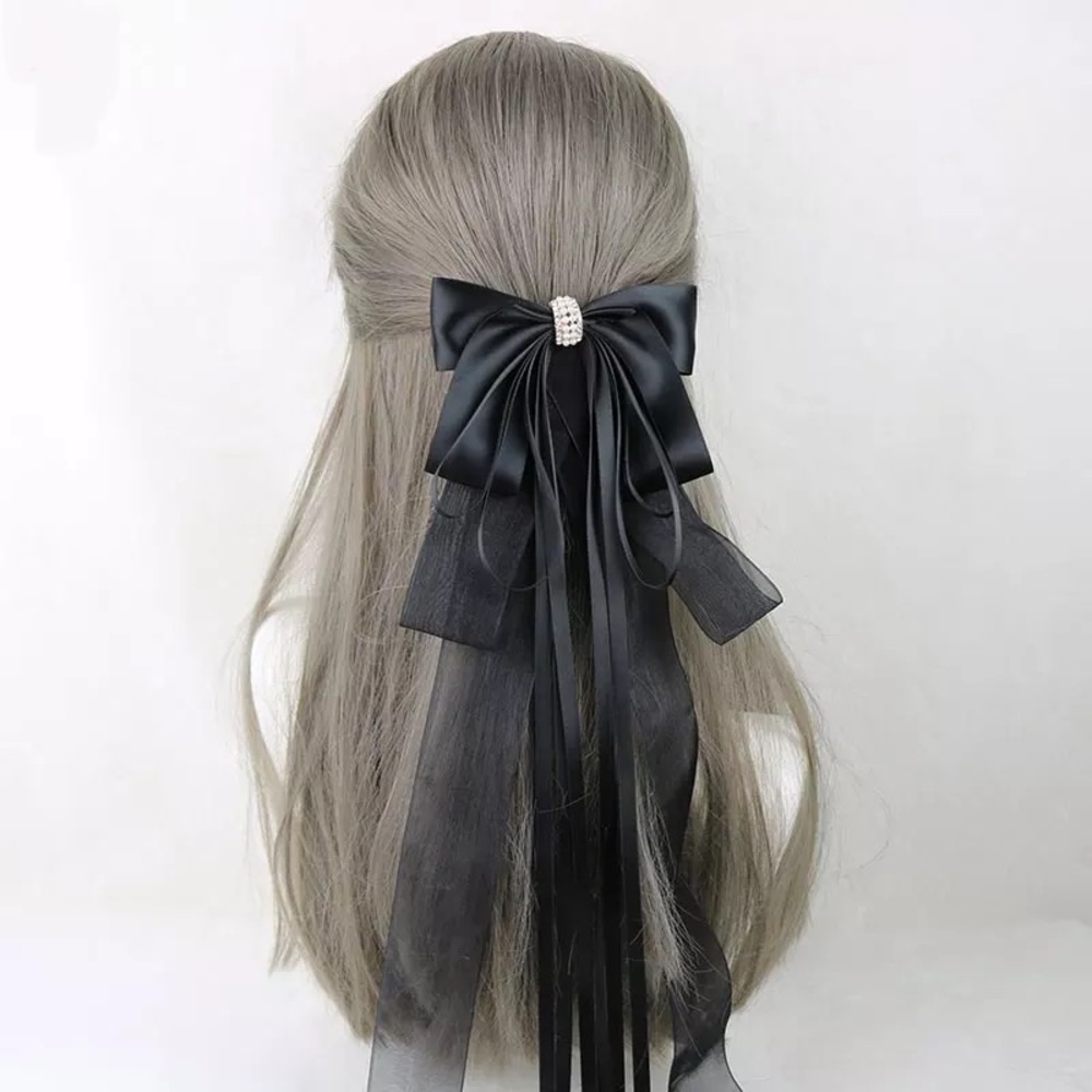 Black - Long Oversized Satin Bow French Barrette Hair Clip
